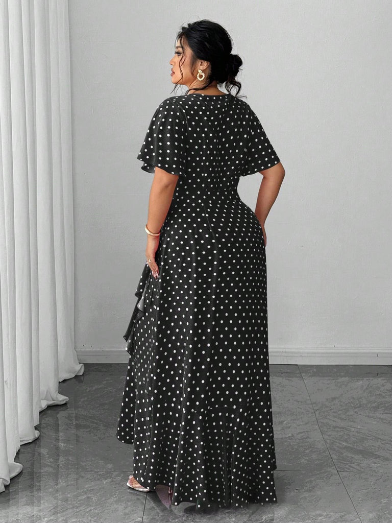[Plus Size] 1940s Polka Dot Wrap V-Neck Ruffle Maxi Dress, vintage dress, retro fashion - perfect for women who love vintage and retro fashion
