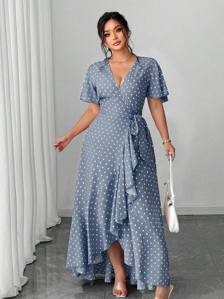 [Plus Size] 1940s Polka Dot Wrap V-Neck Ruffle Maxi Dress, vintage dress, retro fashion - perfect for women who love vintage and retro fashion