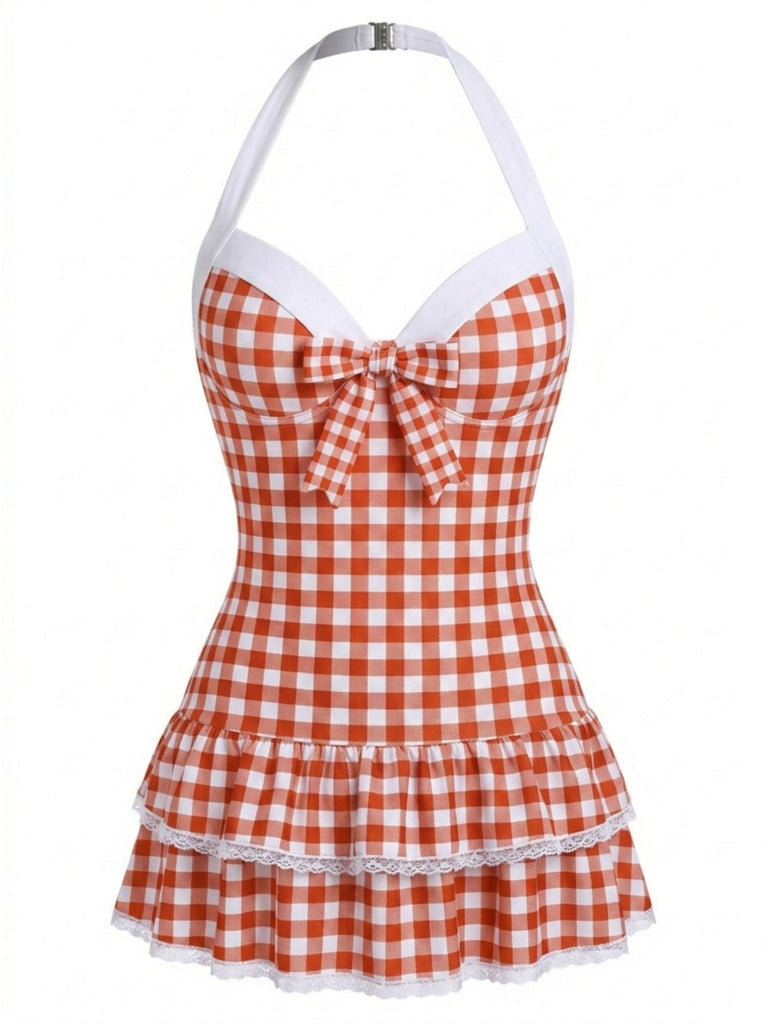 [Pre-Sale] Red 1940s Halter Gingham Bow One-Piece Swimsuit