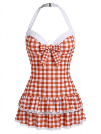 [Pre-Sale] Red 1940s Halter Gingham Bow One-Piece Swimsuit