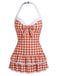 [Pre-Sale] Red 1940s Halter Gingham Bow One-Piece Swimsuit