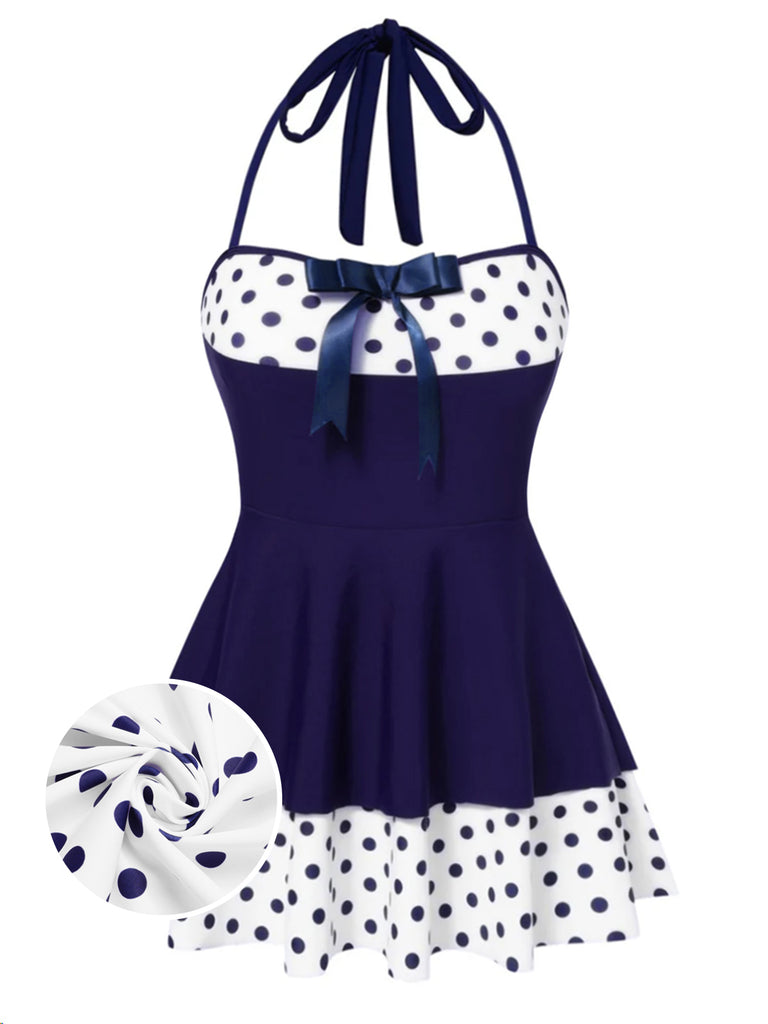 Tummy Control Polka Dots Patchwork Halter Bow One-piece Swimdress Blue Tummy Control Polka Dots Patchwork Halter Bow One-piece Swimdress Blue