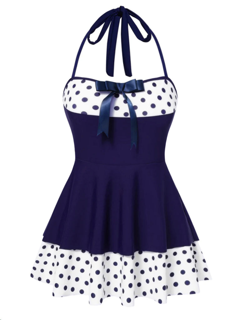 Tummy Control Polka Dots Patchwork Halter Bow One-piece Swimdress Blue Tummy Control Polka Dots Patchwork Halter Bow One-piece Swimdress Blue