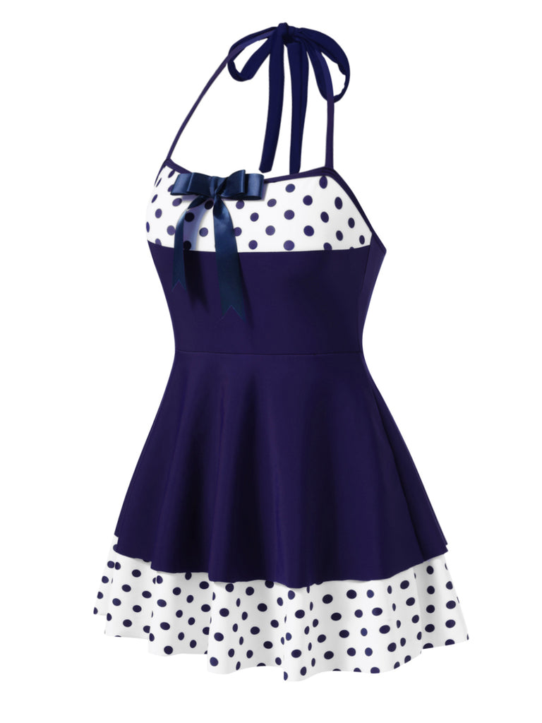 Tummy Control Polka Dots Patchwork Halter Bow One-piece Swimdress Blue Tummy Control Polka Dots Patchwork Halter Bow One-piece Swimdress Blue
