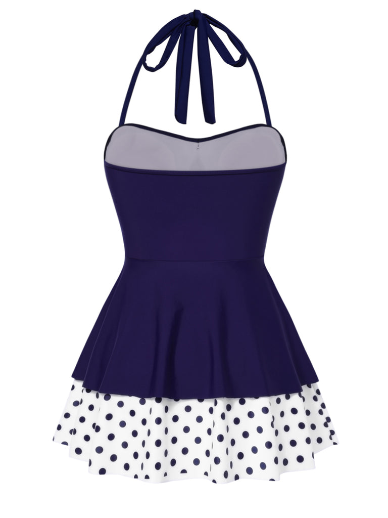 Tummy Control Polka Dots Patchwork Halter Bow One-piece Swimdress Blue Tummy Control Polka Dots Patchwork Halter Bow One-piece Swimdress Blue