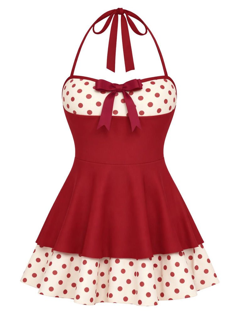 Blue 1940s Polka Dots Patchwork Halter Swimdress, vintage dress, retro fashion - perfect for women who love vintage and retro fashion