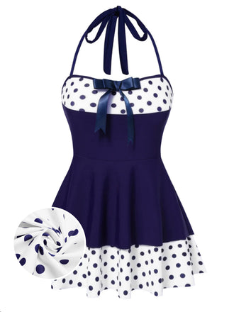 She slips into this 1940s Polka Dots Patchwork Halter Swimdress and suddenly it's a 1940s daydream