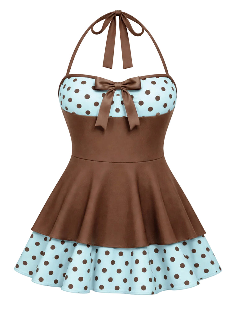 Vintage Polka Dots Patchwork Halter One-piece Swimsuit Swim Dress Red Vintage Polka Dots Patchwork Halter One-piece Swimsuit Swim Dress Red