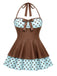 This 1940s Polka Dots Patchwork Halter Swimdress wraps her in 1940s elegance, one twirl at a time