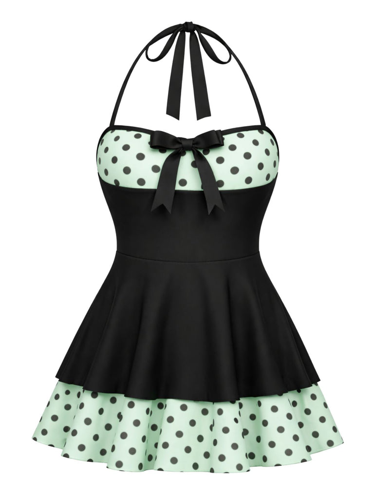 Blue 1940s Polka Dots Patchwork Halter Swimdress, vintage dress, retro fashion - perfect for women who love vintage and retro fashion