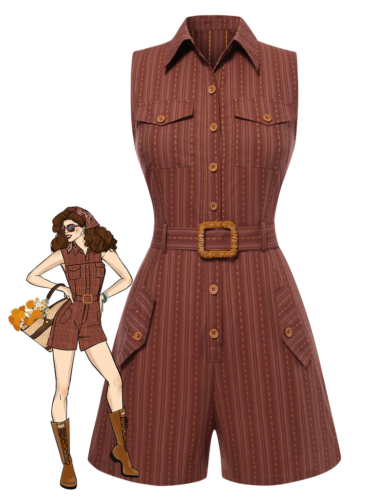 She pairs this 1940s Pure Cotton Shirt Neck Pinstripe Belted Romper with confidence and 1940s charm