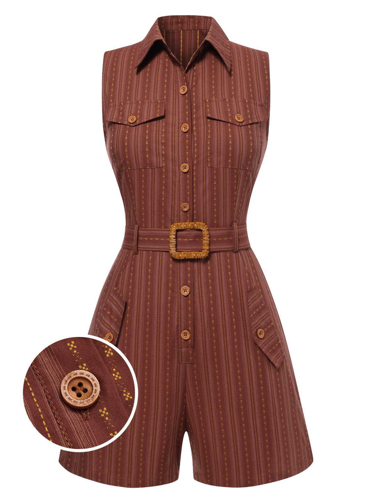 This 1940s Pure Cotton Shirt Neck Pinstripe Belted Romper brings 1940s soul to her everyday