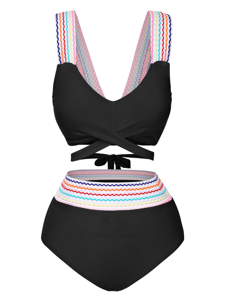 1940s Rainbow Lace-Up Patchwork Strap Bikini Set - vintage fashion, retro style