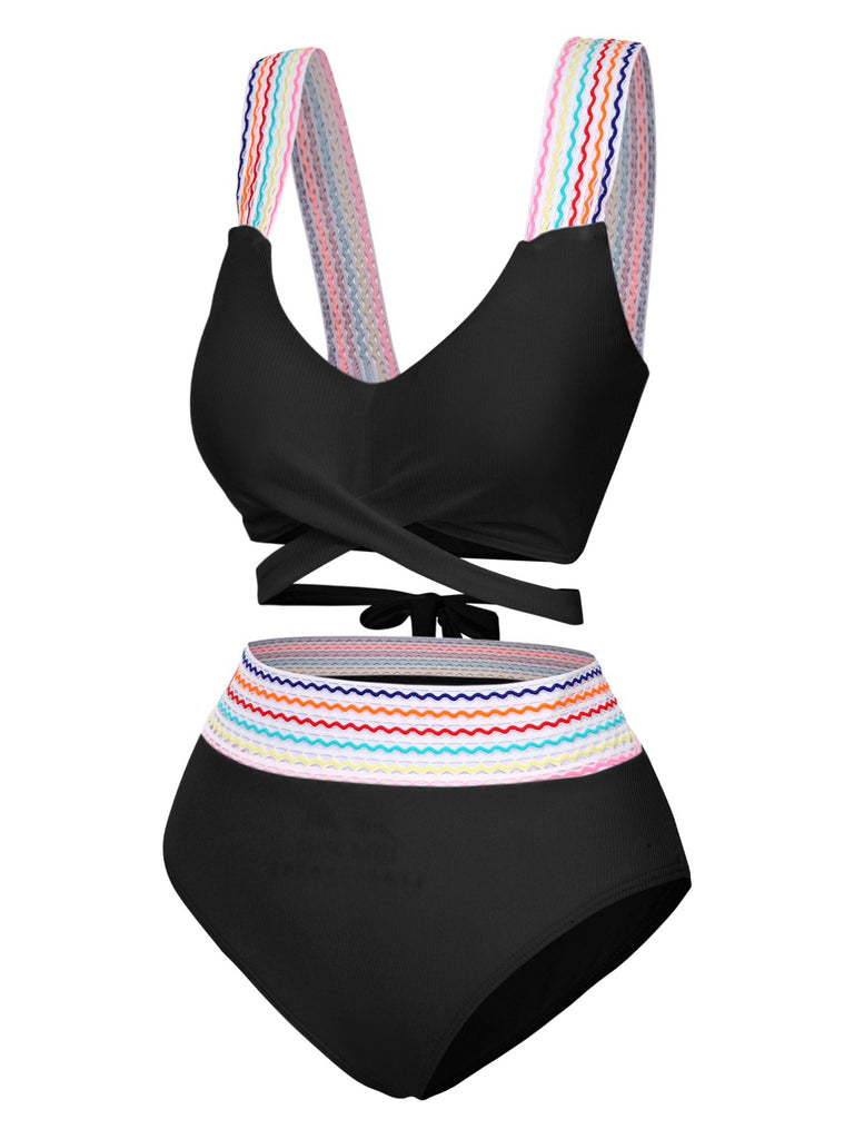 1940s Rainbow Lace-Up Patchwork Strap Bikini Set - vintage fashion, retro style