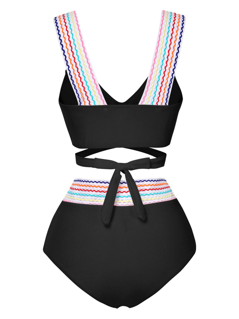 1940s Rainbow Lace-Up Patchwork Strap Bikini Set - vintage fashion, retro style