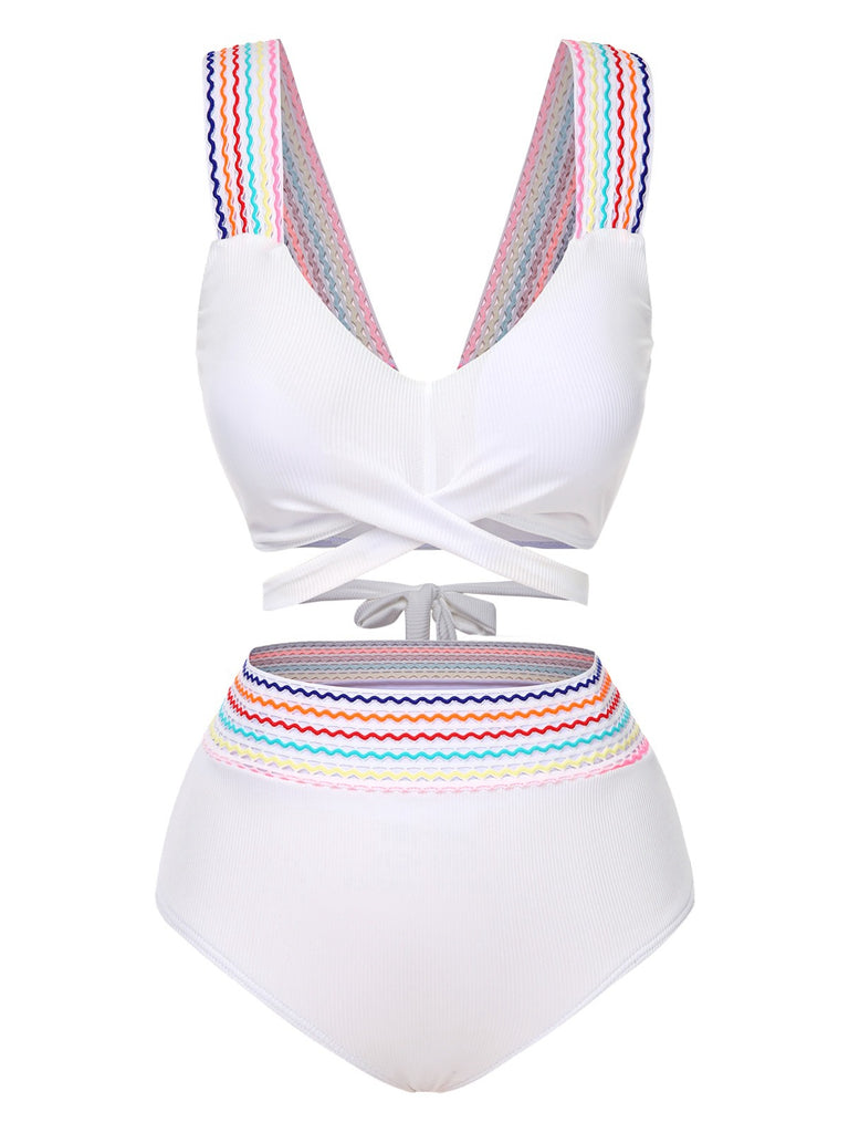 1940s Rainbow Lace-Up Patchwork Strap Bikini Set - vintage fashion, retro style