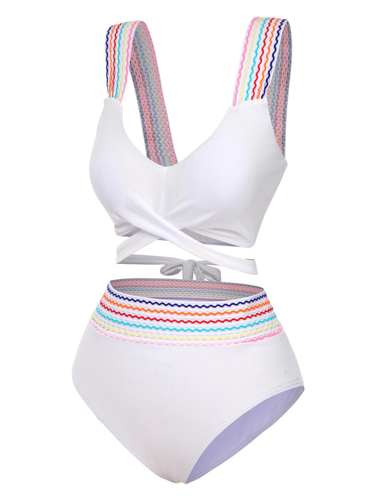 1940s Rainbow Lace-Up Patchwork Strap Bikini Set - vintage fashion, retro style