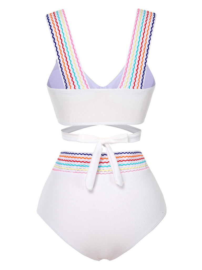 1940s Rainbow Lace-Up Patchwork Strap Bikini Set - vintage fashion, retro style