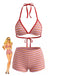 Red 1940s Striped Halter Ribbed Triangle Bikini Set - vintage fashion, retro style, elegant red