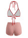 Red 1940s Striped Halter Ribbed Triangle Bikini Set - vintage fashion, retro style, elegant red