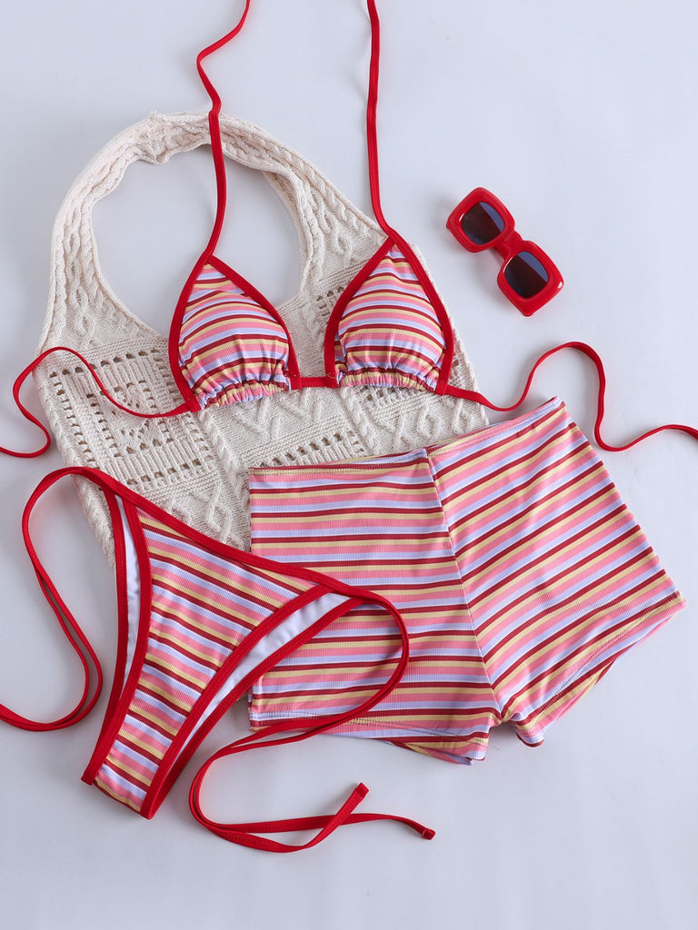Red 1940s Striped Halter Ribbed Triangle Bikini Set - vintage fashion, retro style, elegant red