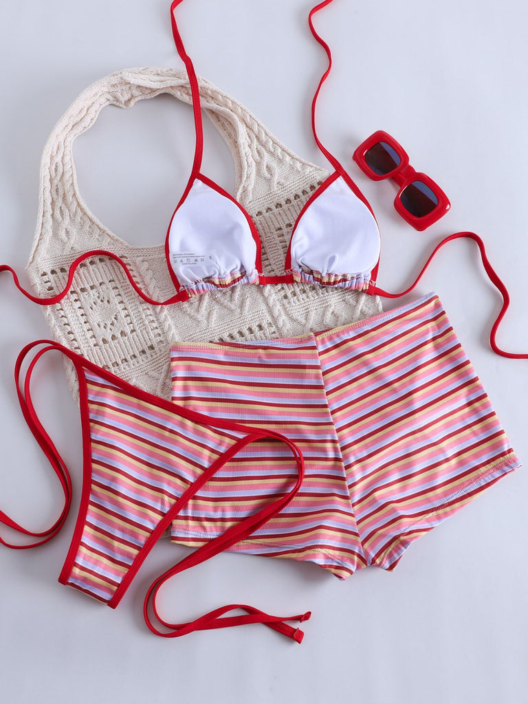 Red 1940s Striped Halter Ribbed Triangle Bikini Set - vintage fashion, retro style, elegant red