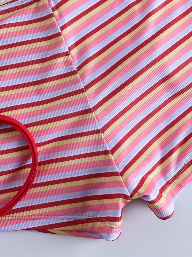 Red 1940s Striped Halter Ribbed Triangle Bikini Set - vintage fashion, retro style, elegant red