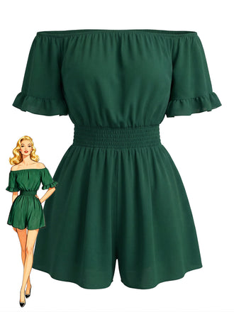 1940s Solid Off Shoulder Ruffle Sleeve Smocked Waist Romper - vintage jumpsuit, retro fashion