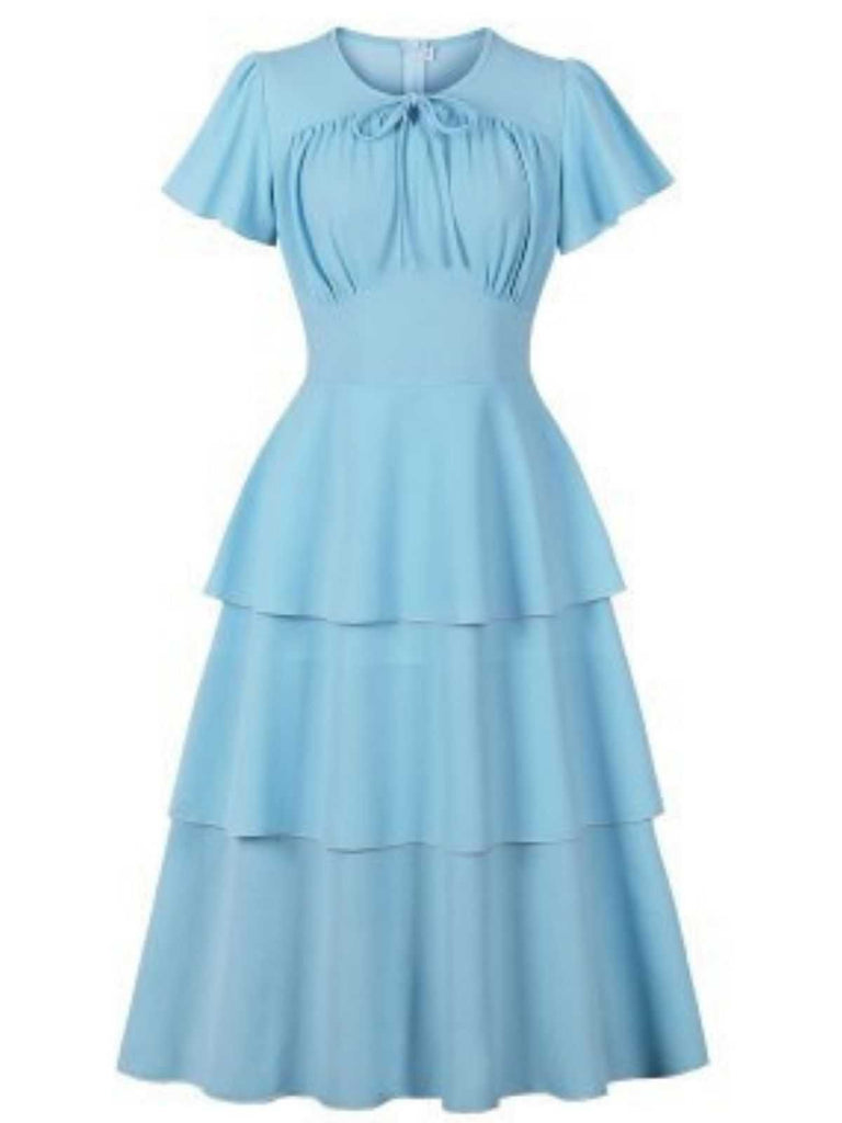 1940s Round Neck Bow Solid Tiered Dress - vintage dress, retro fashion, elegant red