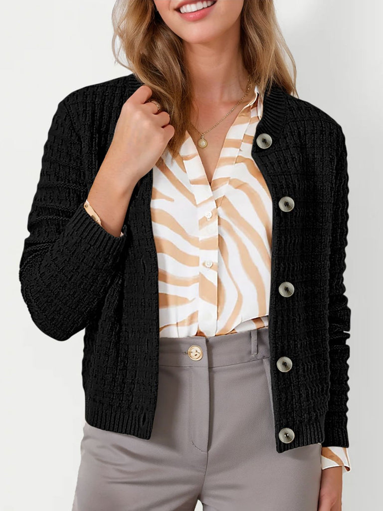 1940s Round Neck Long Sleeve Faux-Woolen Cardigan - vintage fashion, retro style