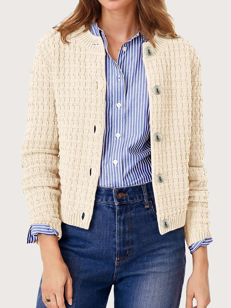 1940s Round Neck Long Sleeve Faux-Woolen Cardigan - vintage fashion, retro style