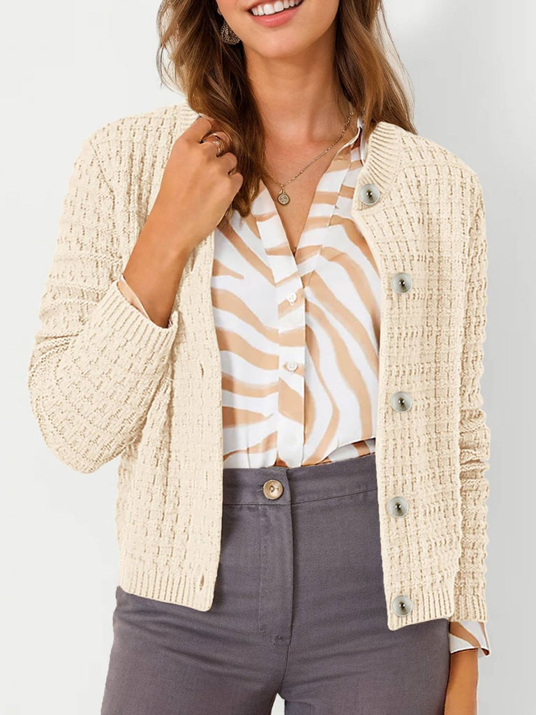 1940s Round Neck Long Sleeve Faux-Woolen Cardigan - vintage fashion, retro style