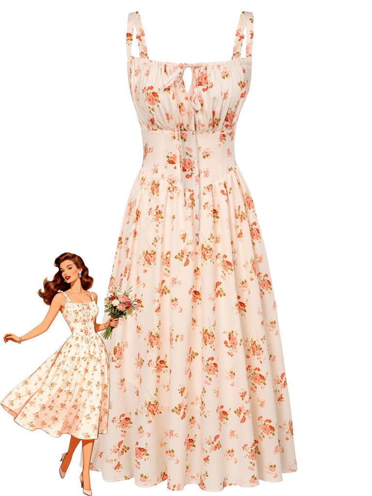 1940s Floral Tie Front Square Neck Midi Dress