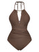 1940s Ruched Deep-V Halter One-Piece Swimsuit - vintage swimsuit, pin-up style