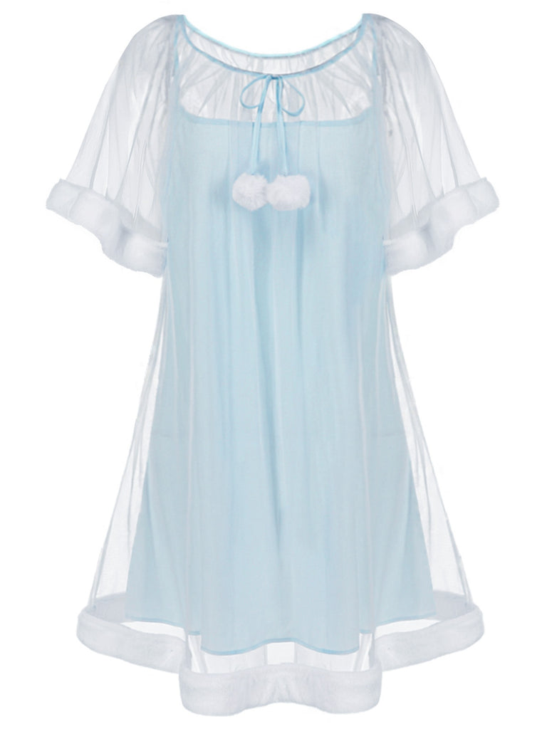 1940s Ruffle Sleeve Plush Trim Tulle Nightgown | vintage lingerie, retro nightgown, elegant sleepwear - perfect for retro fashion enthusiasts