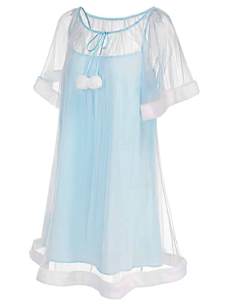 1940s Ruffle Sleeve Plush Trim Tulle Nightgown - vintage lingerie, retro nightgown, elegant sleepwear for vintage lovers