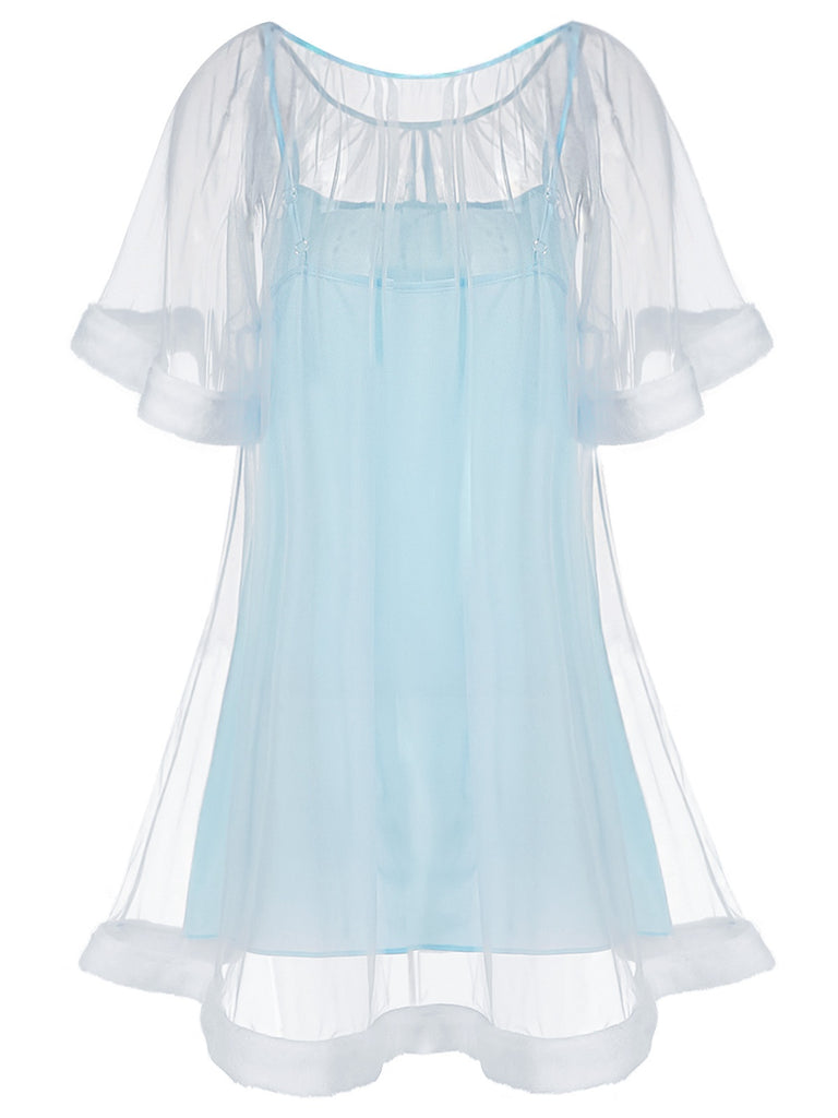 Women's Mesh Babydoll Ruffle Sleeve Plush Trim Tulle Nightgown Blue Women's Mesh Babydoll Ruffle Sleeve Plush Trim Tulle Nightgown Blue
