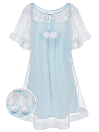 She slips into this 1940s Ruffle Sleeve Plush Trim Tulle Nightgown and suddenly it's a 1940s daydream