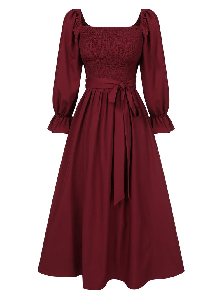 Retro Stage Ruffle Wrap Reversible Puff Sleeve Midi Dress Wine Red Retro Stage Ruffle Wrap Reversible Puff Sleeve Midi Dress Wine Red