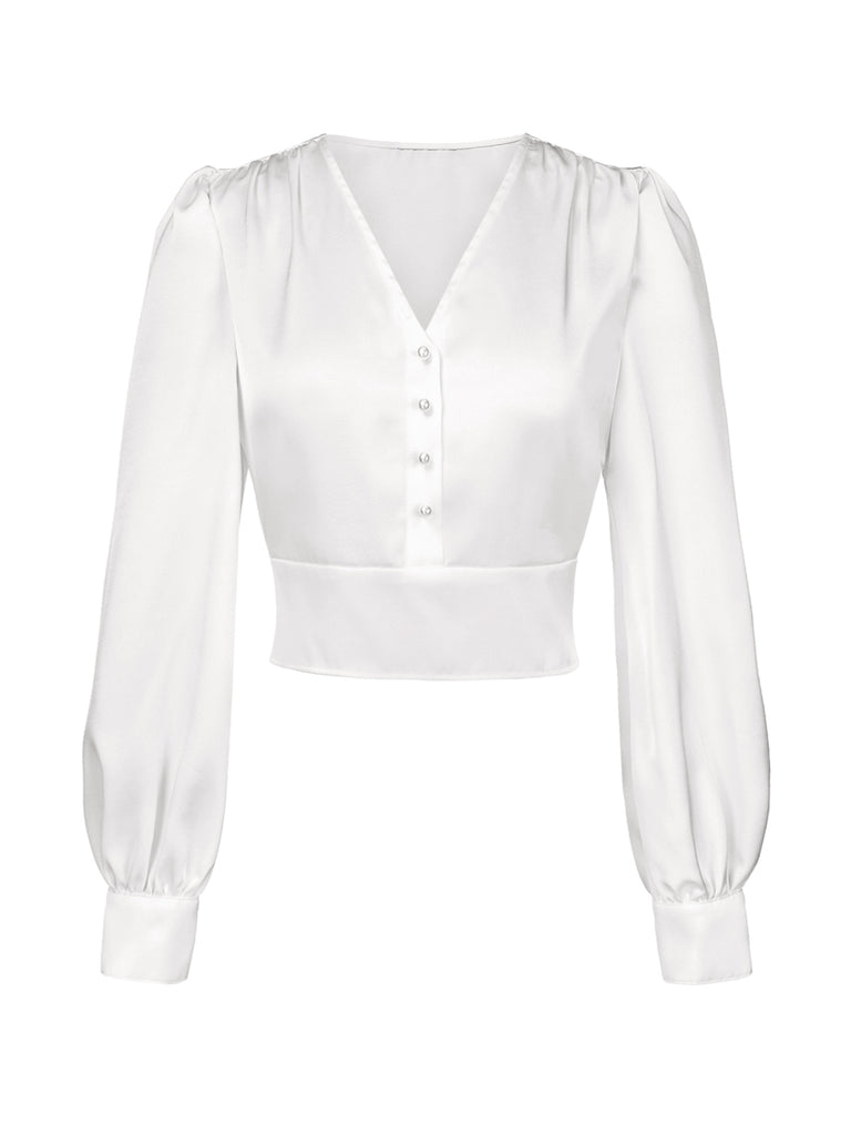 White 1940s Satin V-Neck Lantern Sleeves Blouse: a 1940s classic that whispers rather than shouts