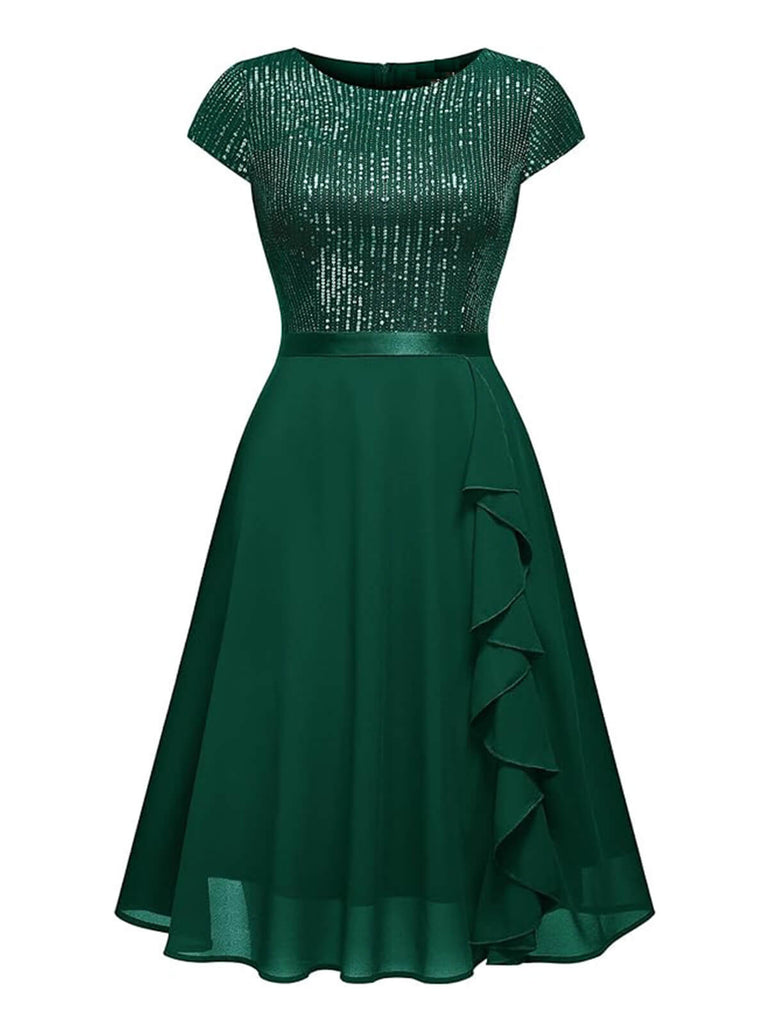 1940s Sequin Chiffon Ruffle Trim Swing Dress — vintage elegance for the modern woman