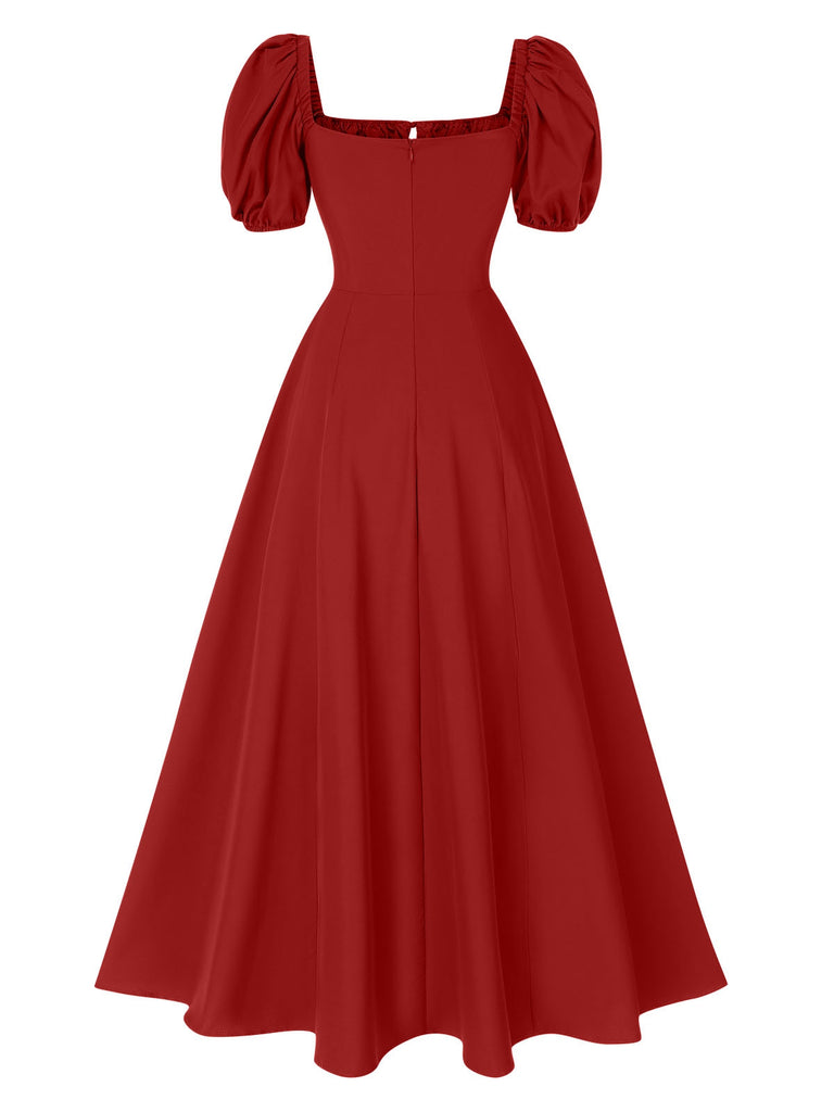 Women's Square Neck Puff Sleeve Slit Midi Dress Red