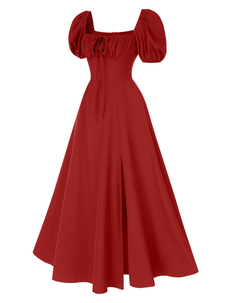 1940's fashion evening dresses Women's Square Neck Puff Sleeve Slit Midi Dress Red