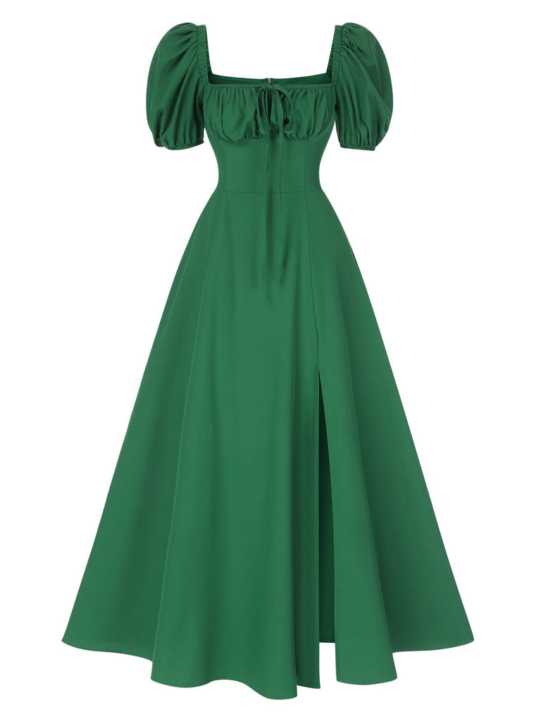 puff sleeve midi dress with slit 1940s Side Slit Puff Sleeve Square Neck Dress