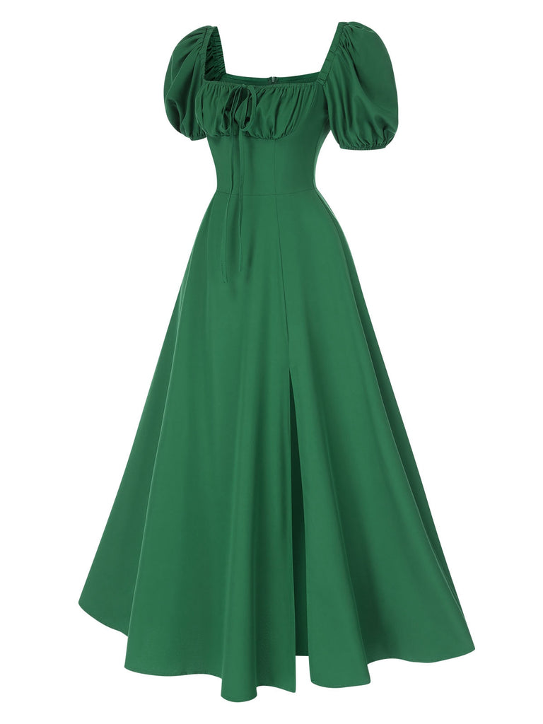 midi square neck dress puff sleeve 1940s Side Slit Puff Sleeve Square Neck Dress