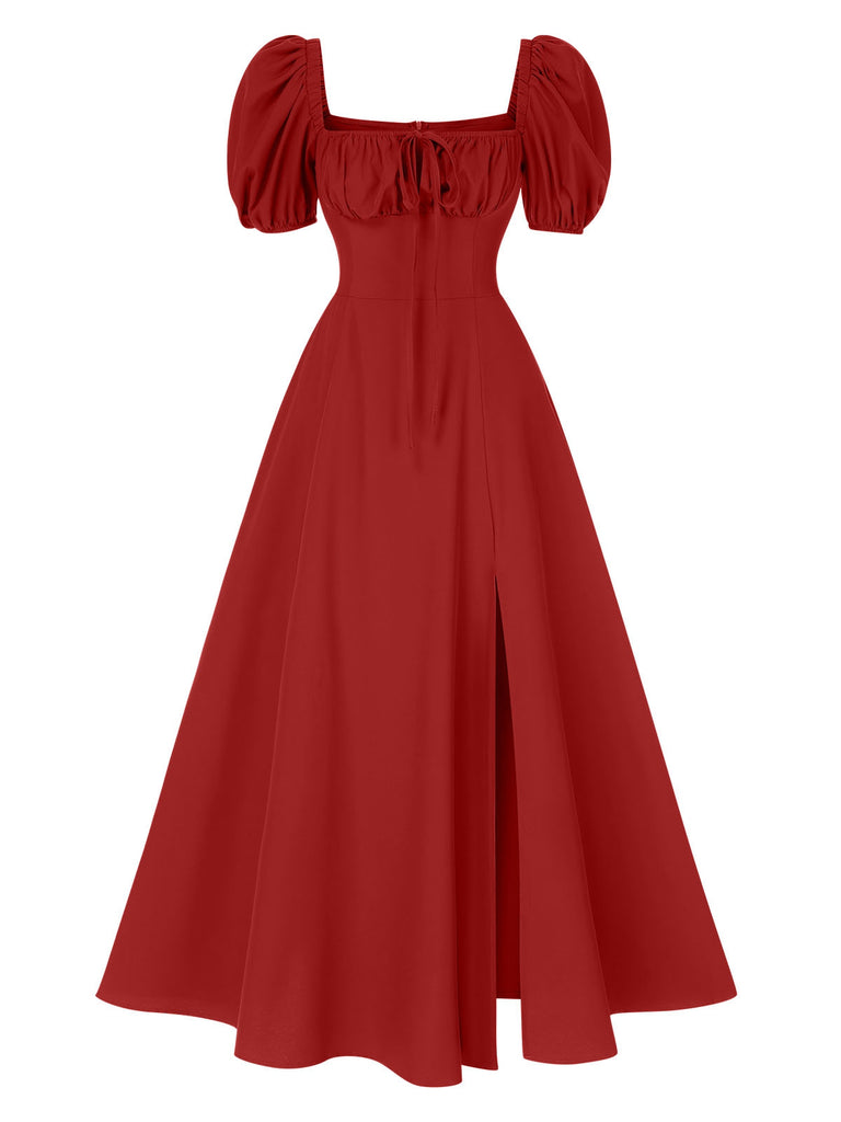 Women's Square Neck Puff Sleeve Slit Midi Dress Red