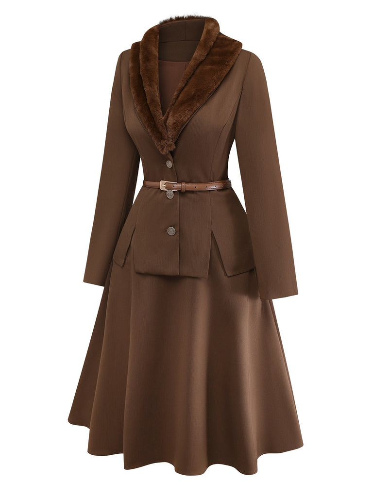 2PCS Brown 1940s Double Faux Fur Collar Jacket & A-Line Skirt - vintage skirt, retro style