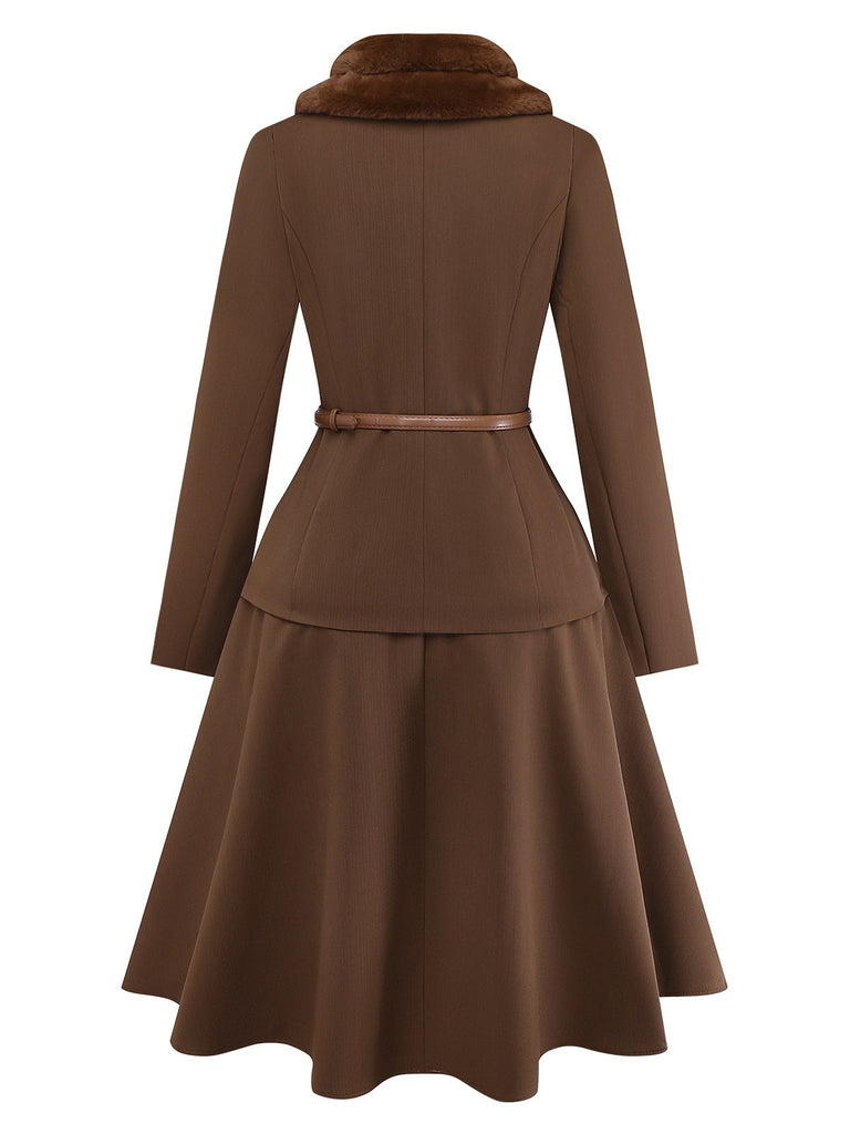 2PCS Brown 1940s Double Faux Fur Collar Jacket & A-Line Skirt - vintage skirt, retro style