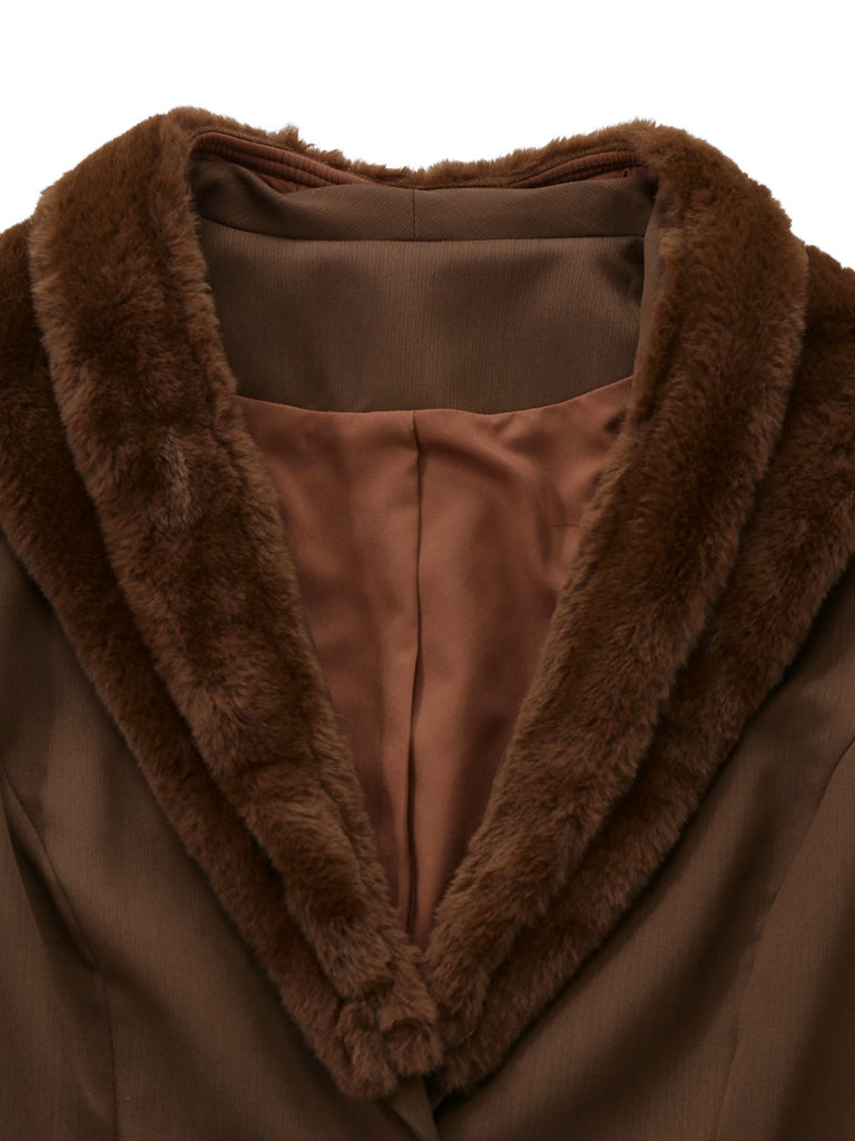 2PCS Brown 1940s Double Faux Fur Collar Jacket & A-Line Skirt - vintage skirt, retro style