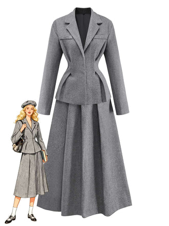 2PCS Grey 1940s Office Lapel Blazer & A-Line Pleated Skirt - vintage skirt, retro style